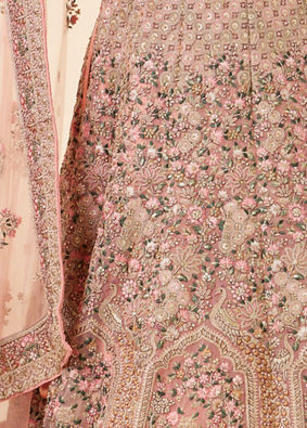 Geranium Pink Bel Buti Patterned Bridal Lehenga image number 5